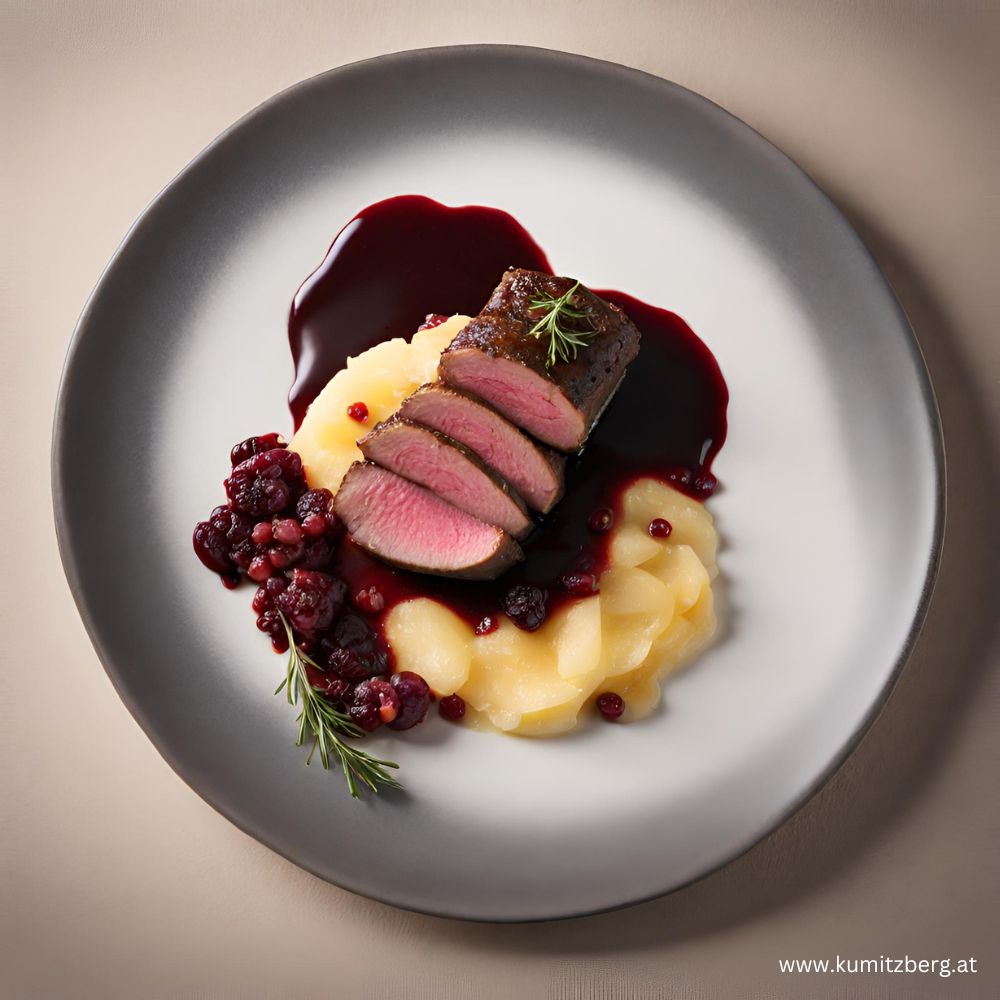 Hirschrücken mit Preiselbeerjus und Kartoffelgratin - kumitzborgo.shop