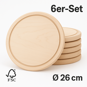6er - Set Schneidebretter rund Ø 26 cm – FSC® Ahornholz mit Saftrille - kumitzborgo.shop