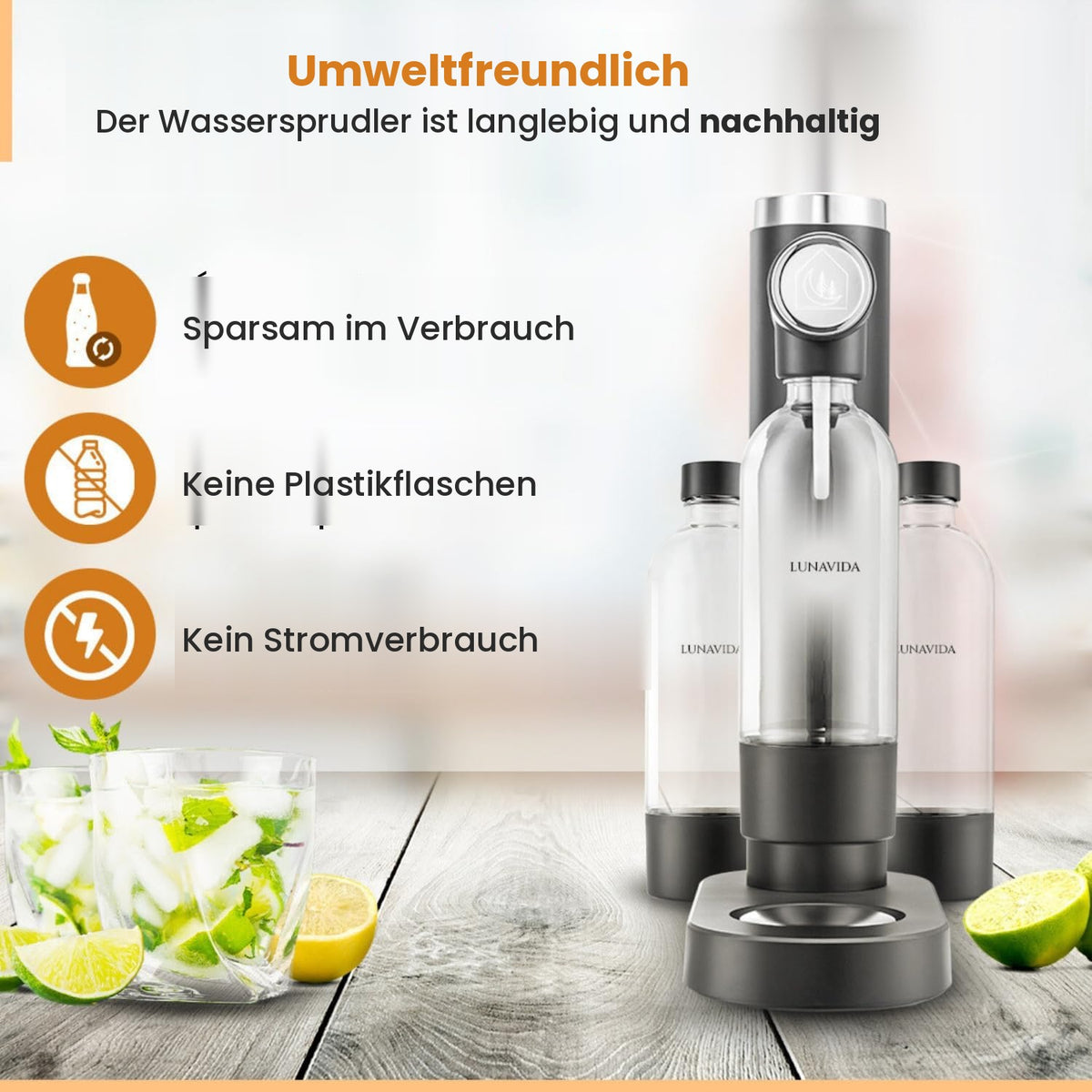 LunaVida Elara Wassersprudler – Sprudelwasser selbst gemacht, inkl. 1-L-Flasche (Schwarz)